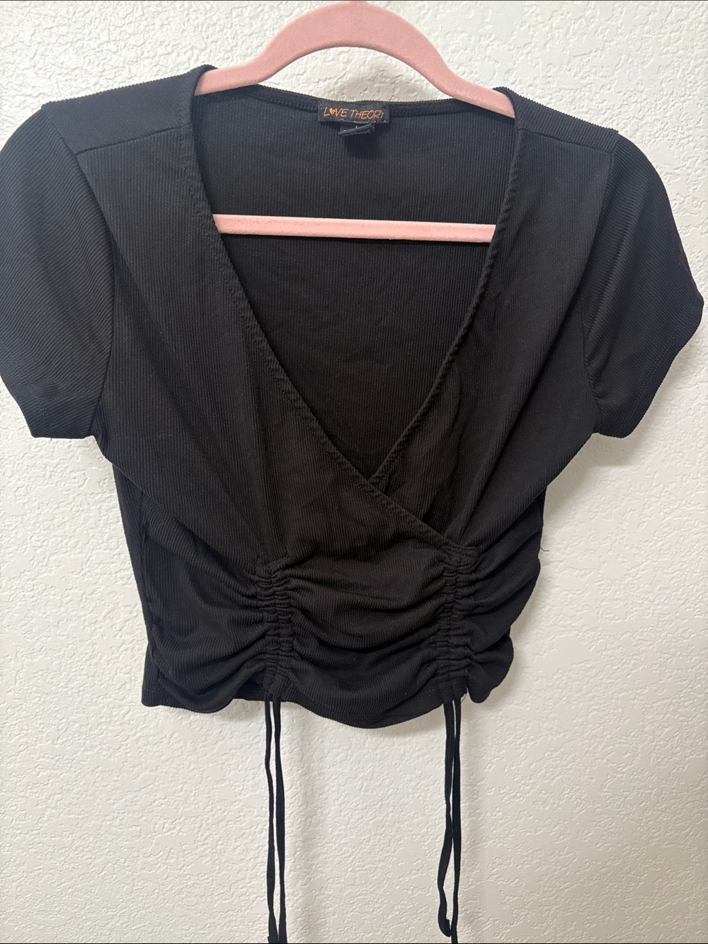 Theory Black Ruched Drawstring Cropped V-Neck Top